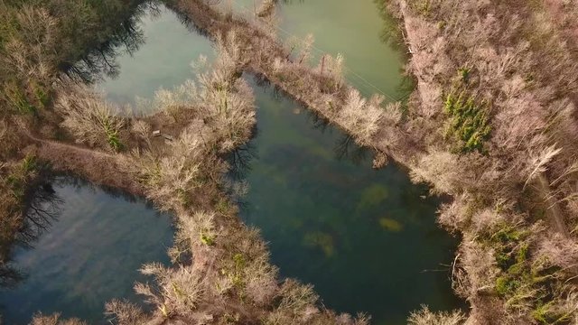 aerial shot from the drone,ponds in the green. Laghetti delle Noghere , Muggia Italy 