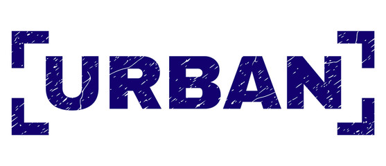 URBAN label seal print with grunge texture. Text label is placed between corners. Blue vector rubber print of URBAN with unclean texture.