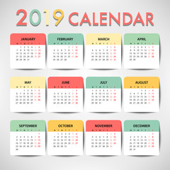 Pastel color Calendar for 2019 template design. Week Starts Monday