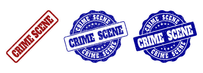 CRIME SCENE grunge stamp seals in red and blue colors. Vector CRIME SCENE watermarks with grunge style. Graphic elements are rounded rectangles, rosettes, circles and text labels.