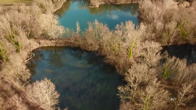 aerial shot from the drone,ponds in the green. Laghetti delle Noghere , Muggia Italy 