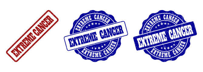 EXTREME CANCER grunge stamp seals in red and blue colors. Vector EXTREME CANCER imprints with grunge surface. Graphic elements are rounded rectangles, rosettes, circles and text labels.