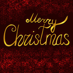 Calligraphic golden Merry Christmas lettering on red background.