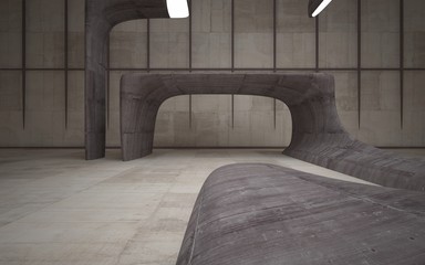 Empty dark abstract brown concrete room smooth interior. Architectural background. Night view of the illuminated. 3D illustration and rendering