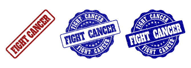 FIGHT CANCER grunge stamp seals in red and blue colors. Vector FIGHT CANCER labels with grunge effect. Graphic elements are rounded rectangles, rosettes, circles and text tags.