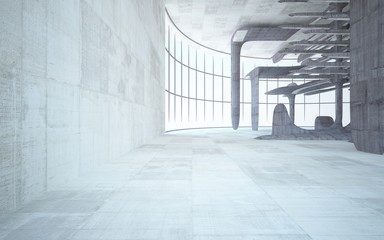 Empty dark abstract brown concrete room smooth interior. Architectural background. Night view of the illuminated. 3D illustration and rendering