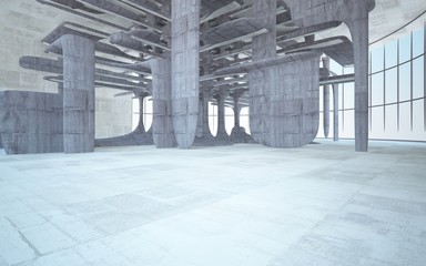 Empty dark abstract brown concrete room smooth interior. Architectural background. Night view of the illuminated. 3D illustration and rendering