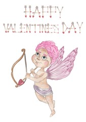 Obraz premium Valentines Day. Greeting card. Delicate Love. Hand drawn water color cupid and text on the flat white background