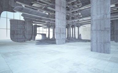 Empty dark abstract brown concrete room smooth interior. Architectural background. Night view of the illuminated. 3D illustration and rendering