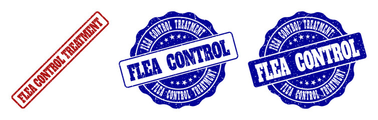 FLEA CONTROL TREATMENT grunge stamp seals in red and blue colors. Vector FLEA CONTROL TREATMENT labels with scratced effect. Graphic elements are rounded rectangles, rosettes, circles and text labels.