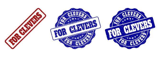 FOR CLEVERS scratched stamp seals in red and blue colors. Vector FOR CLEVERS labels with dirty style. Graphic elements are rounded rectangles, rosettes, circles and text labels.