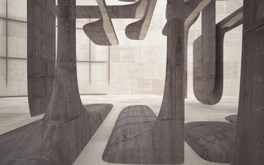 Empty dark abstract brown concrete room smooth interior. Architectural background. Night view of the illuminated. 3D illustration and rendering