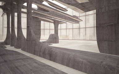 Empty dark abstract brown concrete room smooth interior. Architectural background. Night view of the illuminated. 3D illustration and rendering