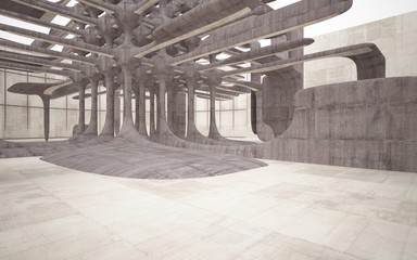 Empty dark abstract brown concrete room smooth interior. Architectural background. Night view of the illuminated. 3D illustration and rendering