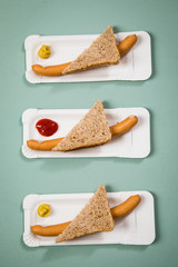 Drei Wiener Würstchen mit Vollkorn Brot Scheibe auf Einweg Pappteller mit Senf und Ketchup auf Hintergrund Grün