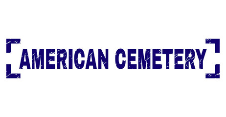 AMERICAN CEMETERY text seal watermark with grunge style. Text label is placed inside corners. Blue vector rubber print of AMERICAN CEMETERY with retro texture.