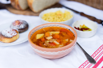 hungarian traditional food, goulash soup with fresh bread