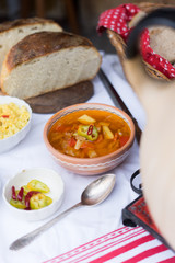 hungarian traditional food, goulash soup with fresh bread