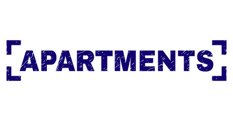 APARTMENTS tag seal print with grunge texture. Text tag is placed between corners. Blue vector rubber print of APARTMENTS with dust texture.