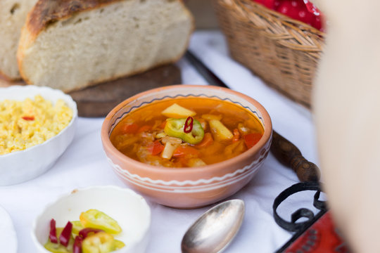 hungarian traditional food, goulash soup with fresh bread