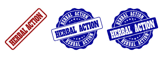 HERBAL ACTION grunge stamp seals in red and blue colors. Vector HERBAL ACTION watermarks with draft style. Graphic elements are rounded rectangles, rosettes, circles and text titles.