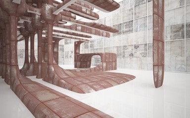 Empty smooth abstract room interior of sheets rusted metal with glossy white floor. Architectural background. 3D illustration and rendering