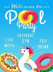 Pool party poster. Summer swimming party vector invitation or pool holiday flyer design for kids with rubber lifebuoys