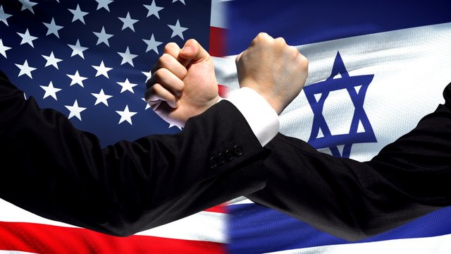 US Vs Israel Confrontation, Countries Disagreement, Fists On Flag Background