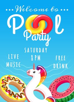 Pool party poster. Summer swimming party vector invitation or pool holiday flyer design for kids with rubber lifebuoys