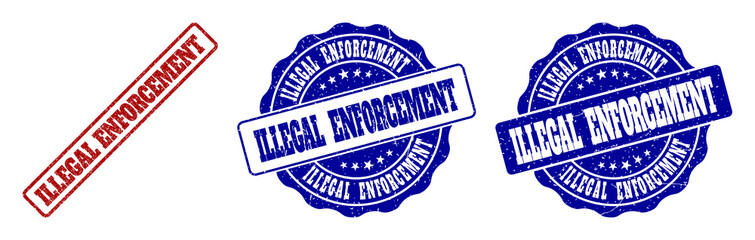 ILLEGAL ENFORCEMENT grunge stamp seals in red and blue colors. Vector ILLEGAL ENFORCEMENT watermarks with grunge texture. Graphic elements are rounded rectangles, rosettes, circles and text captions.