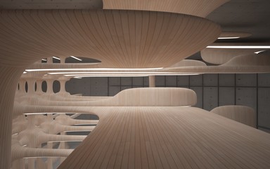 Obraz premium Empty dark abstract concrete and wood room smooth interior. Architectural background. Night view of the illuminated. 3D illustration and rendering