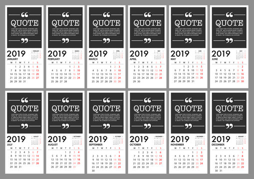 Calendar for 2019 Week Starts Monday. Simple Vector Template