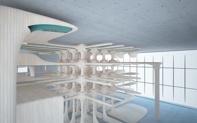 Empty dark abstract concrete and wood smooth interior. Architectural background. 3D illustration and rendering