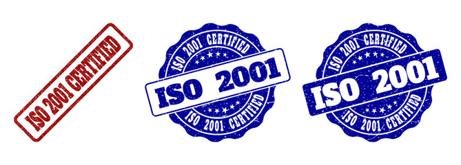 Obraz premium ISO 2001 CERTIFIED grunge stamp seals in red and blue colors. Vector ISO 2001 CERTIFIED overlays with grunge effect. Graphic elements are rounded rectangles, rosettes, circles and text tags.