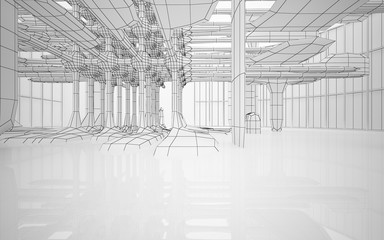Abstract white interior highlights future. Polygon drawing . Architectural background. 3D illustration and rendering