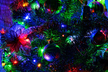 Obraz na płótnie Canvas Christmas tree, toys, garlands. Close-up