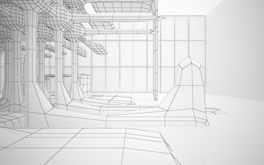Abstract white interior highlights future. Polygon drawing . Architectural background. 3D illustration and rendering