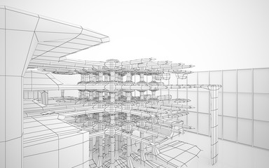 Abstract white interior highlights future. Polygon drawing . Architectural background. 3D illustration and rendering