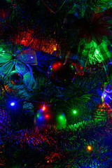 Christmas tree, toys, garlands. Close-up
