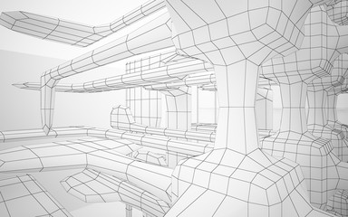 Abstract white interior highlights future. Polygon drawing . Architectural background. 3D illustration and rendering