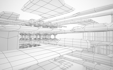 Abstract white interior highlights future. Polygon drawing . Architectural background. 3D illustration and rendering