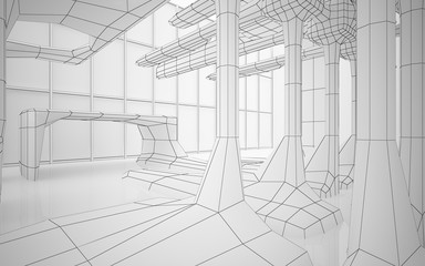 Abstract white interior highlights future. Polygon drawing . Architectural background. 3D illustration and rendering