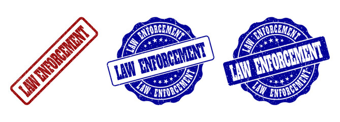 LAW ENFORCEMENT grunge stamp seals in red and blue colors. Vector LAW ENFORCEMENT overlays with distress style. Graphic elements are rounded rectangles, rosettes, circles and text labels.