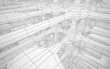 Abstract white interior highlights future. Polygon drawing . Architectural background. 3D illustration and rendering