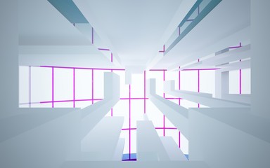 Abstract white and colored gradient glasses interior multilevel public space with window. 3D illustration and rendering.