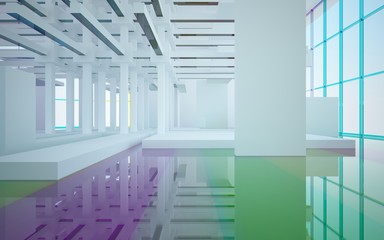 Obraz premium Abstract white and colored gradient glasses interior multilevel public space with window. 3D illustration and rendering.
