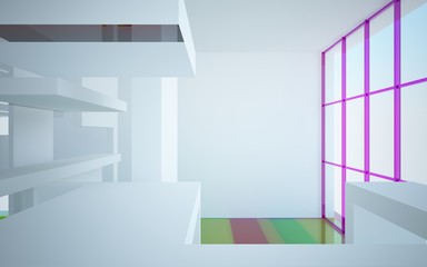 Abstract white and colored gradient glasses interior multilevel public space with window. 3D illustration and rendering.