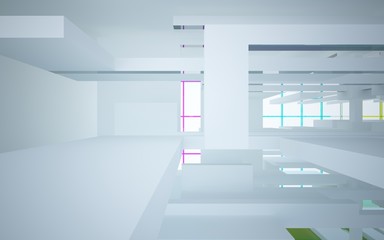 Obraz premium Abstract white and colored gradient glasses interior multilevel public space with window. 3D illustration and rendering.