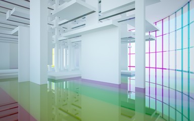 Abstract white and colored gradient glasses interior multilevel public space with window. 3D illustration and rendering.