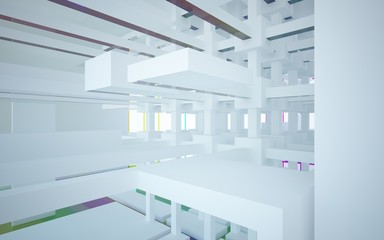 Abstract white and colored gradient glasses interior multilevel public space with window. 3D illustration and rendering.
